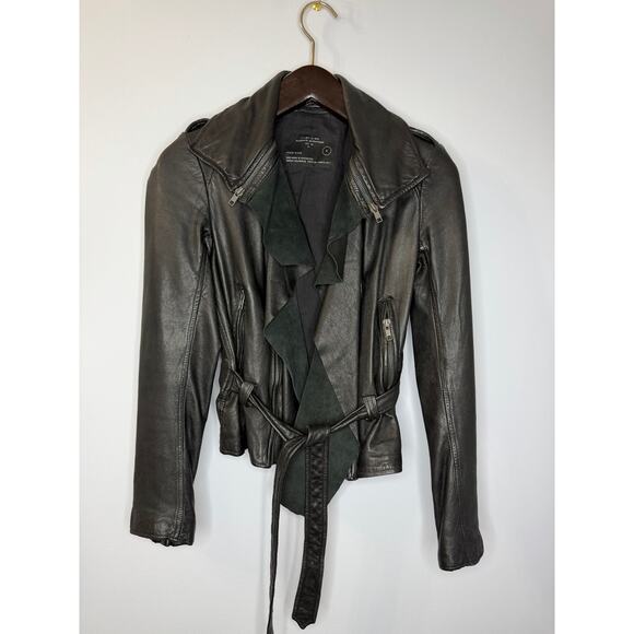 AllSaints Spitalfields Y2K Jacks Place Leather Moto Belted Black Jacket Sz 8 S - Picture 16 of 16